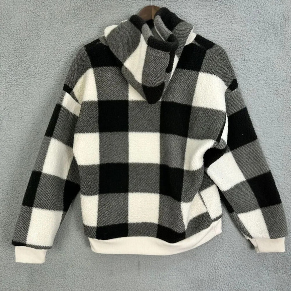 American Sweatshirt Women Small Black White Plaid Sherpa Fleece Hoodie Oversized - Picture 2 of 7